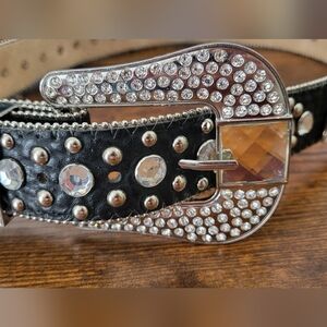 Y2K BHW Mirrored Rhinestone Jeweled Leather Rodeo Cowgirl Belt
